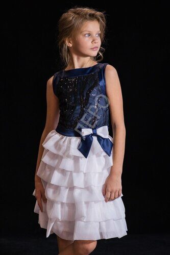 Нарядное платье для девочки модель 309 цвет темно-синий с белым